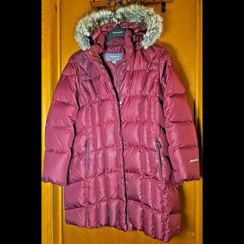 Eddie Bauer Women's Burgundy Puffer Coat with Faux Fur Trim